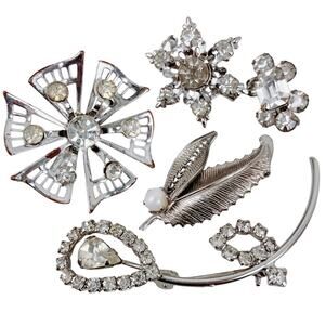 VTG Mid Century Rhinestone Brooch Lot of 5, Silver Tone Scatter Pin Jewelry